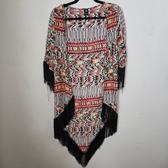 Love Tease Cardigan Kimono Lightweight Pattern Fringe Print Casual Open Front - Picture 1 of 11